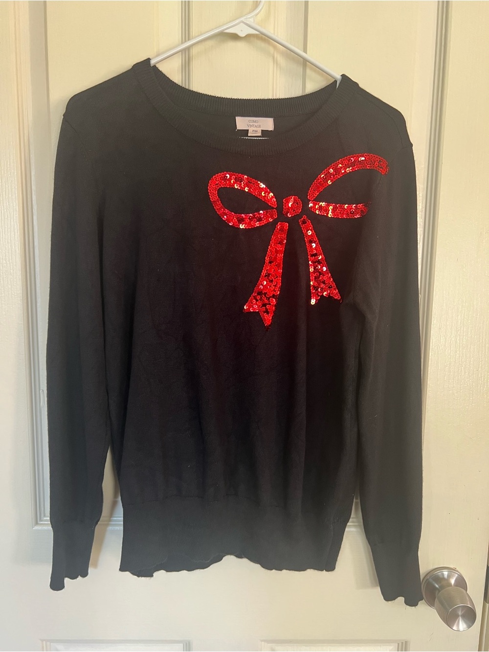 Como Vintage Petite M Black Sweater Red Sequin Bow Embellished Knit